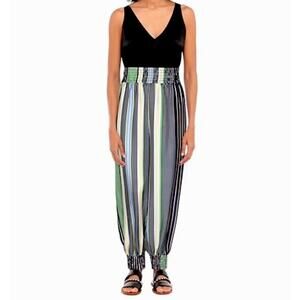 NWOT Tory Burch Green Blue White Multi Stripe Silk Harem Pants Banded Cuffs 2